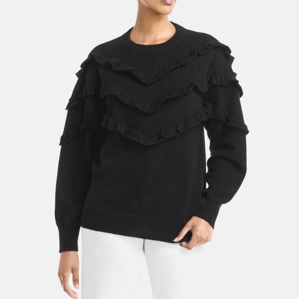 NWT AQUA Cashmere Ruffled Knit Sweater, Size Medium, Color Black